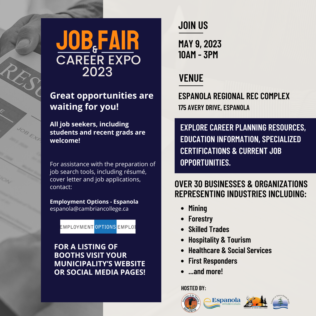 2023 LaCloche Foothills Regional Job Fair & Career Expo poster. Contains date, place, and time for the event, which can also be found in the surrounding text.